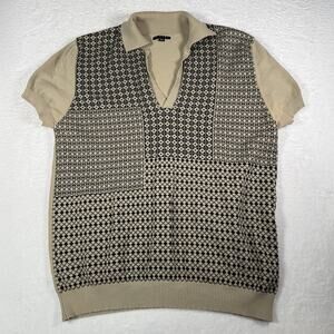 Vintage Sisley Knit Blouse Patchwork Pattern Short Sleeve Collared Top XXL